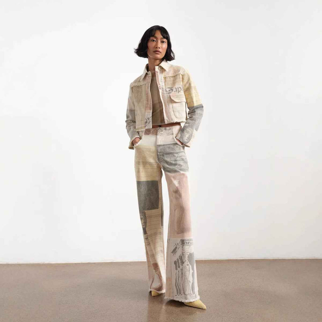 Retro loose print design with wide leg straight leg and floor length denim pants