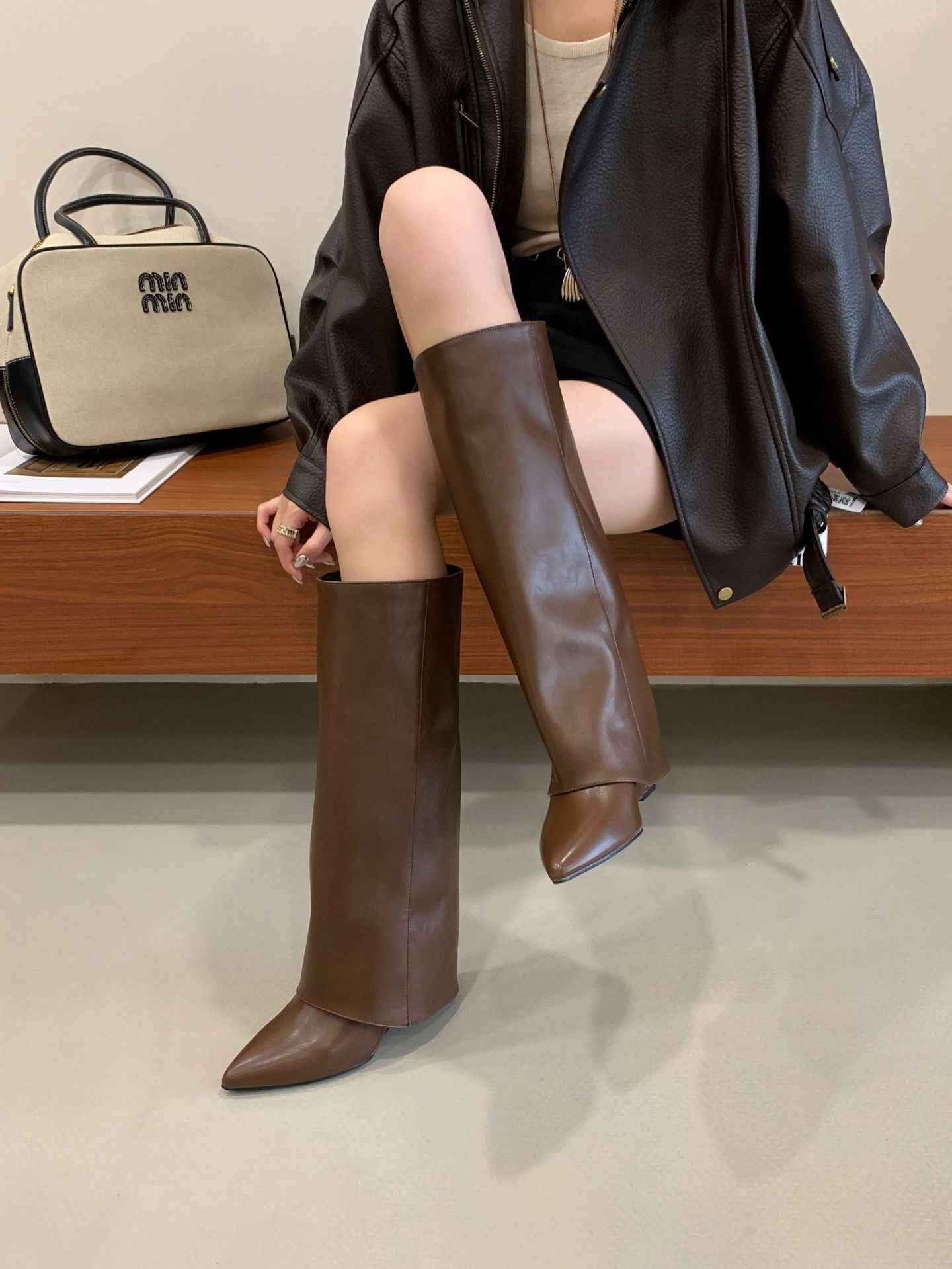 Fashionable Square Toe Slimming Versatile Flat Mid-Heel Elegant French Style Over-the-Knee Boots for Women