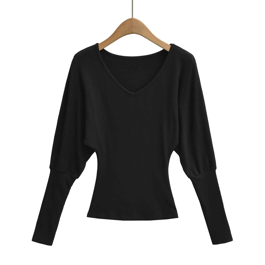 V-neck waist cinching elastic slim fit top T-shirt