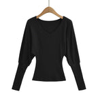 V-neck waist cinching elastic slim fit top T-shirt
