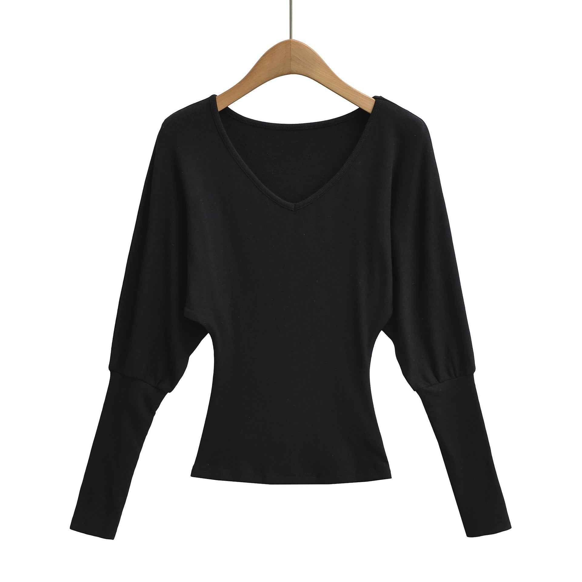 V-neck waist cinching elastic slim fit top T-shirt