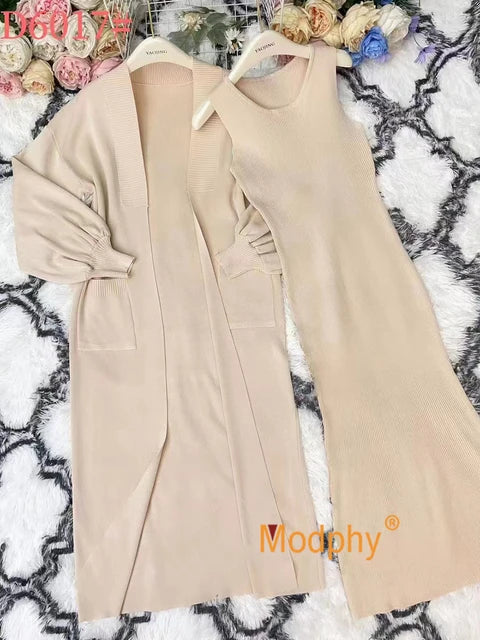 Fashion women's knitted long sleeved cardigan sleeveless dress long casual knitted two-piece set