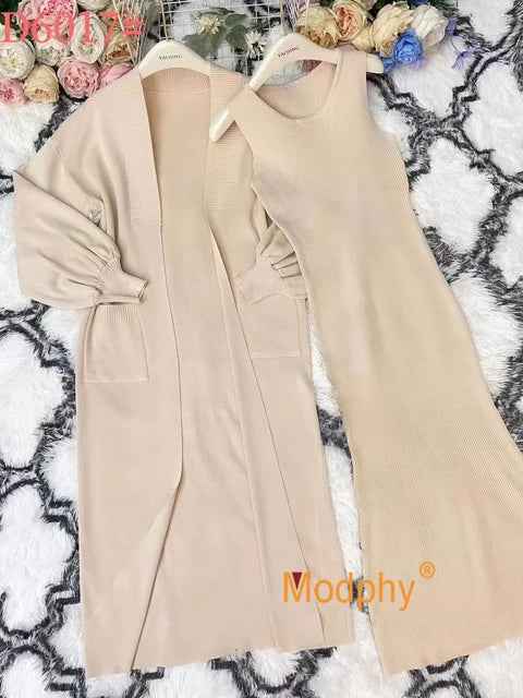Fashion women's knitted long sleeved cardigan sleeveless dress long casual knitted two-piece set