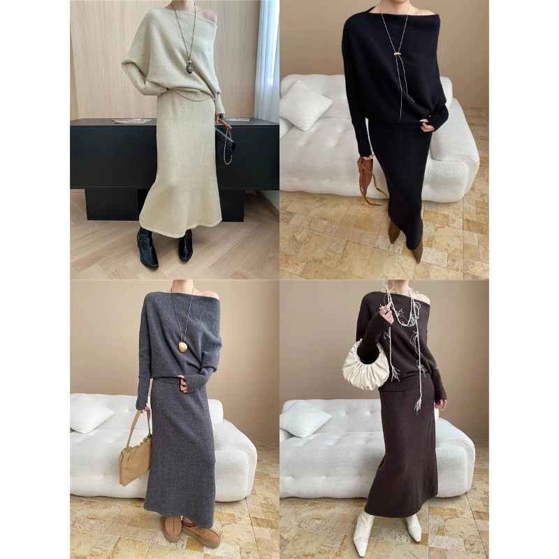 French-style Batwing Sleeve Off-Shoulder Knit Sweater and Skirt Two-Piece Set