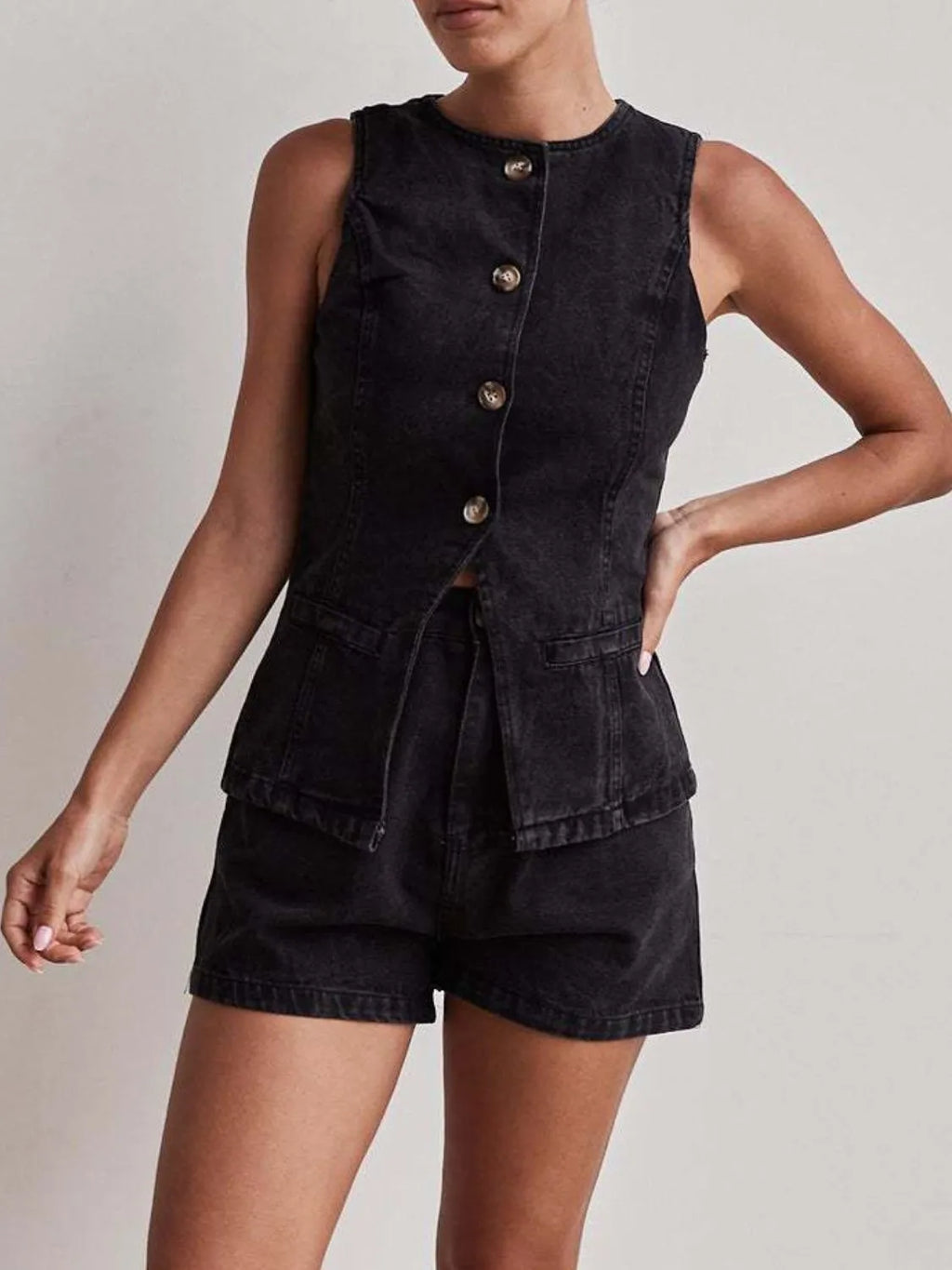 Button Down Vest and Shorts Denim Set.