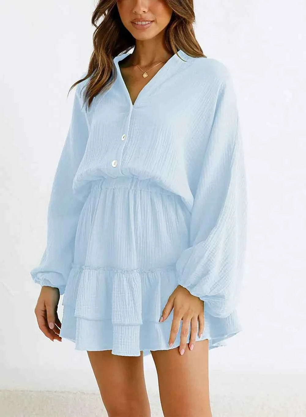 Ruffled Notched Balloon Sleeve Mini Dress.