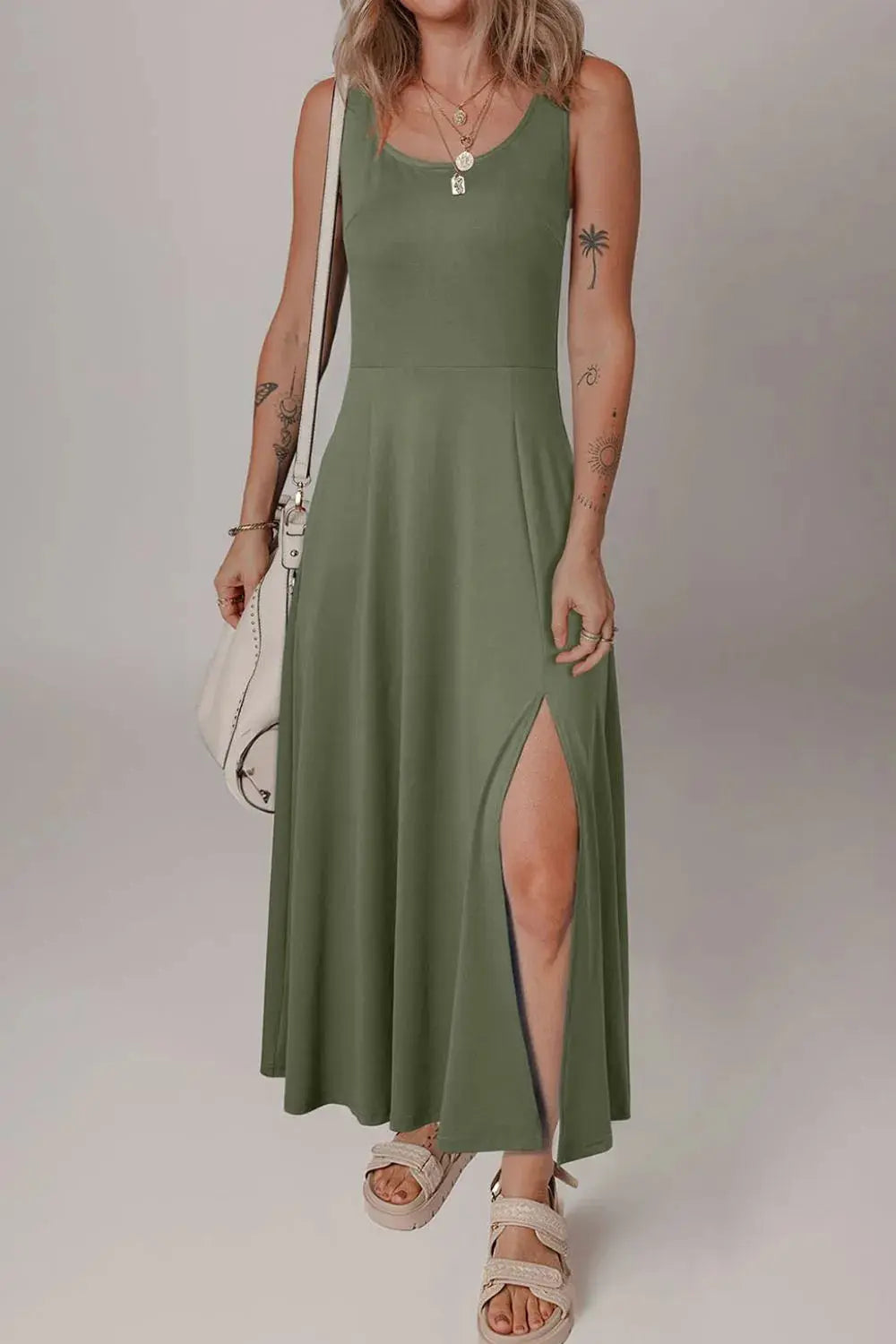 Side Slit Scoop Neck Wide Strap Dress.