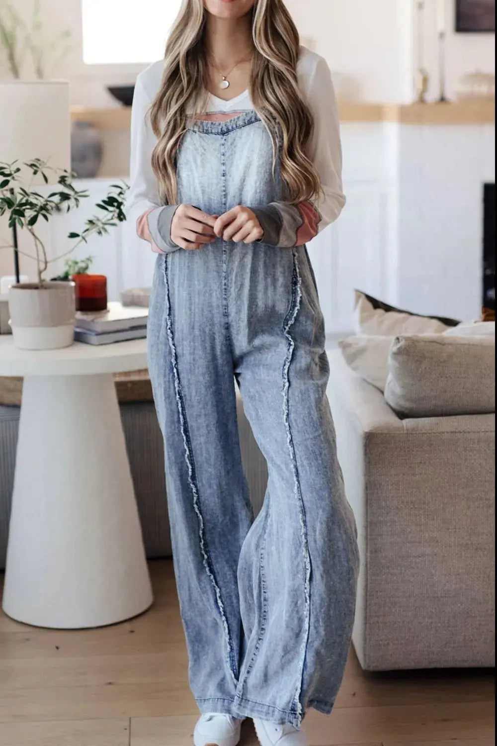 Frayed Exposed Seam Wide Leg Denim Overalls.