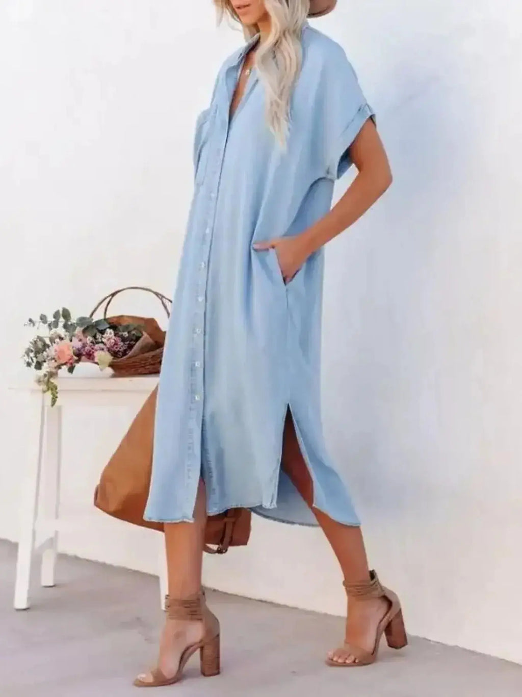 Button Down Denim Midi Shirt Dress.