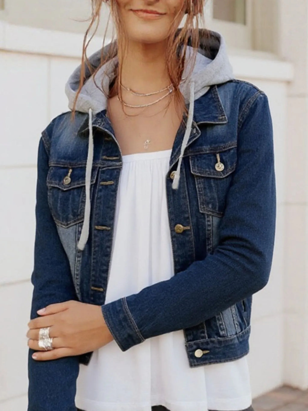 Full Size Button Up Drawstring Hooded Denim Jacket Plus Size.
