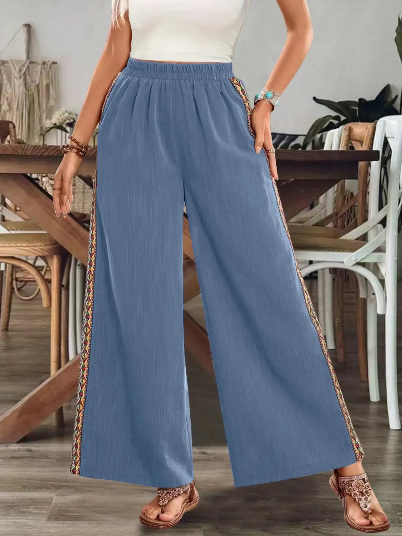 Bohemian Wide Leg Embroidered Side Stripe Pants.