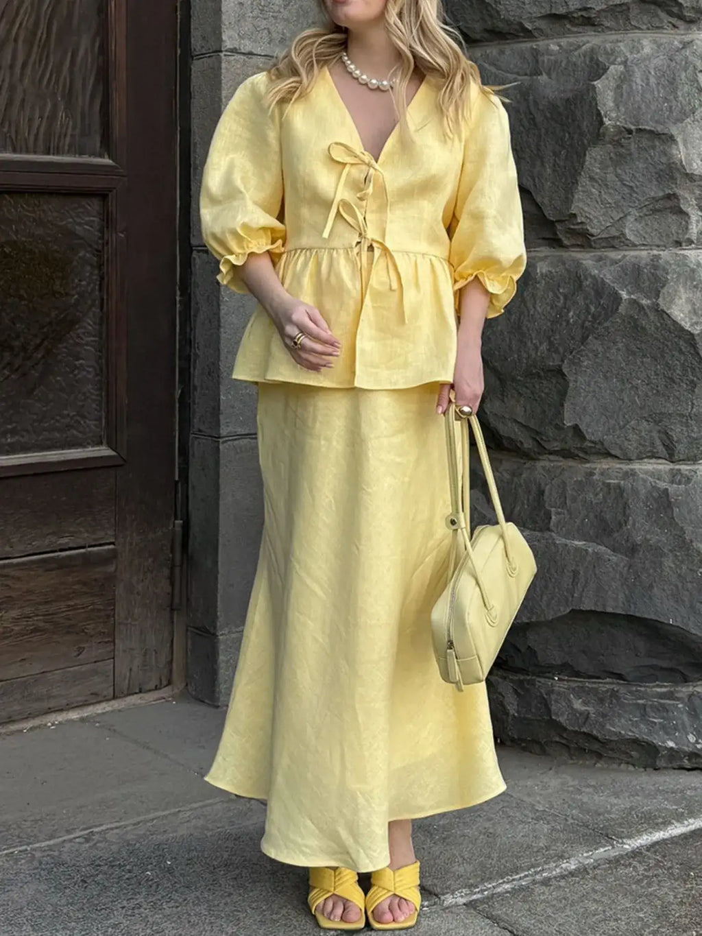 Tie Front Peplum Top and Skirt Set.