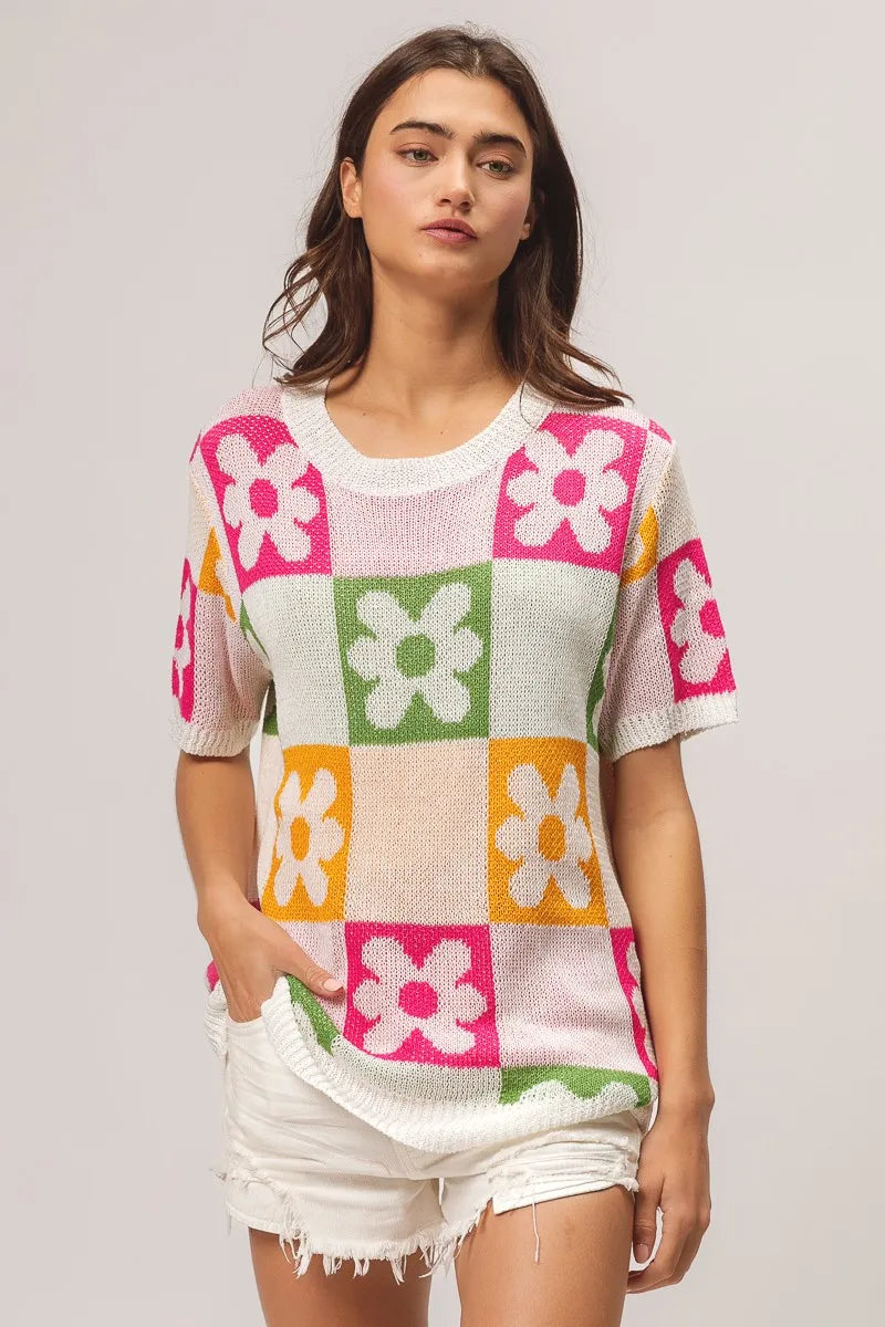 Flower Checker Pattern Lightweight Sweater Top.
