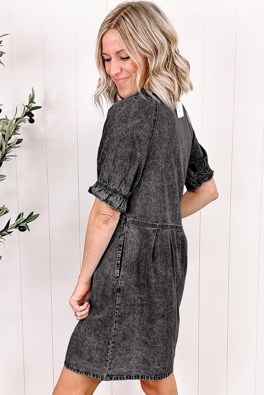 Medium Grey Mineral Wash Ruffled Short Sleeve Buttoned Denim Dress Dear-Lover Dropshipping