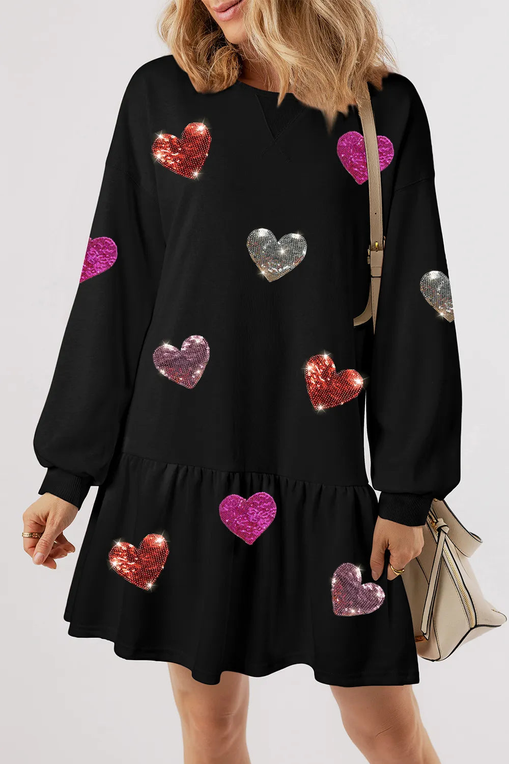 Sequin Heart Round Neck Long Sleeve Mini Dress.