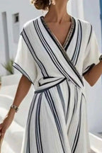 Women Striped Wrap Maxi Dress Half Sleeve Casual Long Sundress
