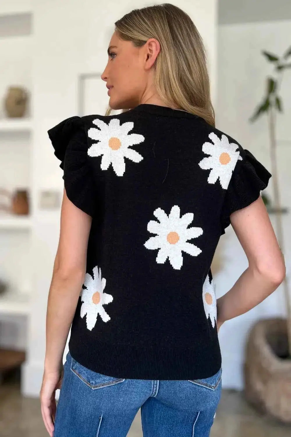Ruffled Flower Round Neck Cap Sleeve Sweater.