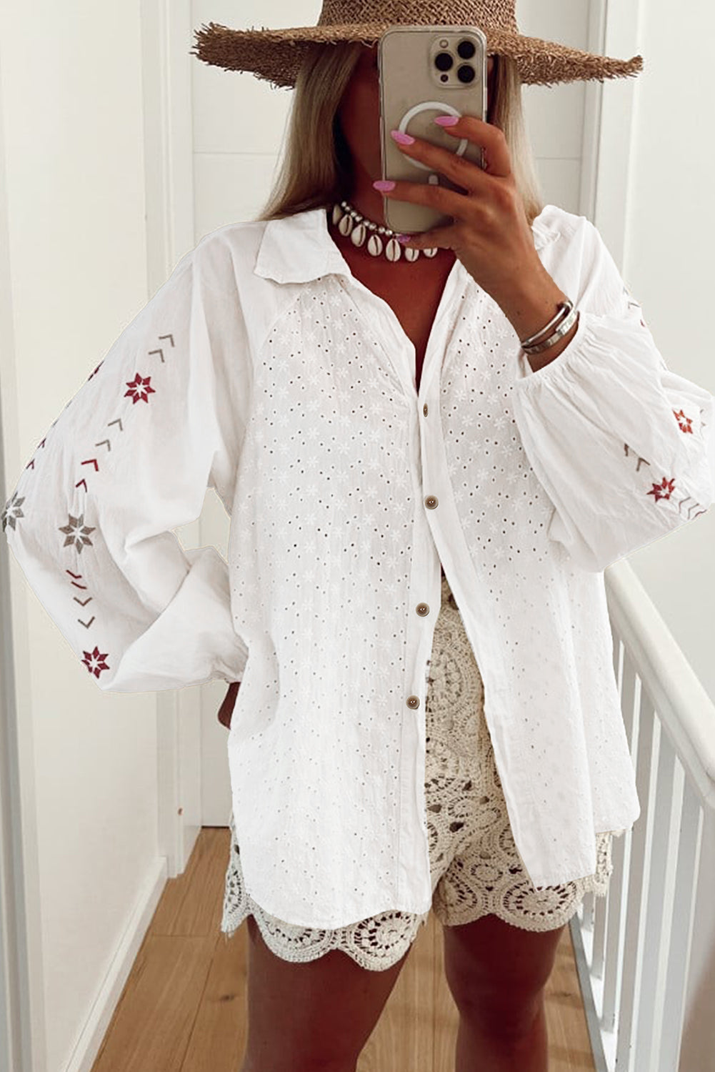 White Floral Embroidered Puff Sleeve Eyelet Patchwork Shirt Dear-Lover Dropshipping