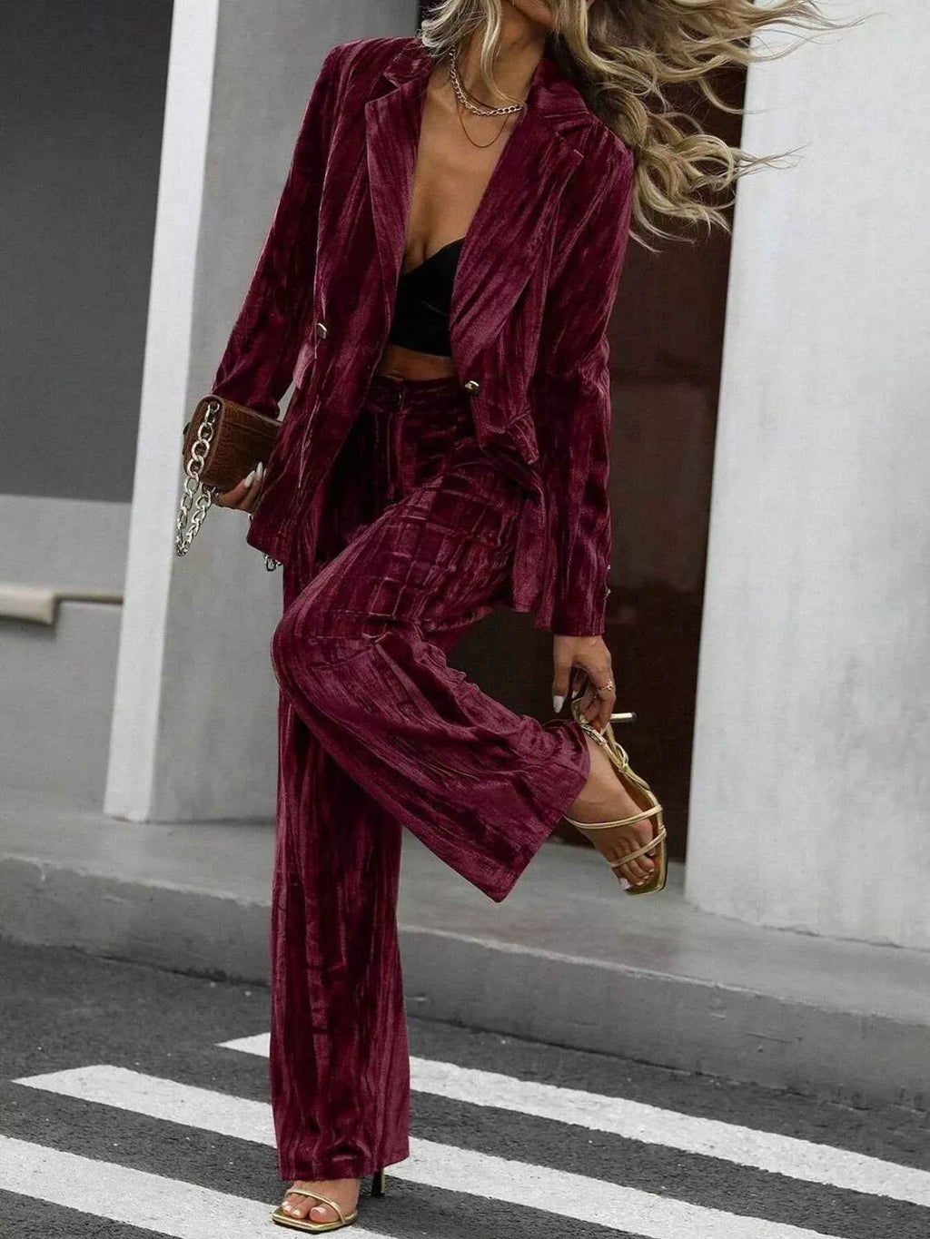 Lapel Collar Long Sleeve Blazer and Pants Set