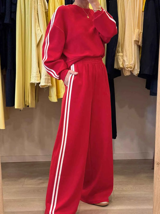 Striped Detail Crewneck Top and Elastic Sweatpants 2pcs Set