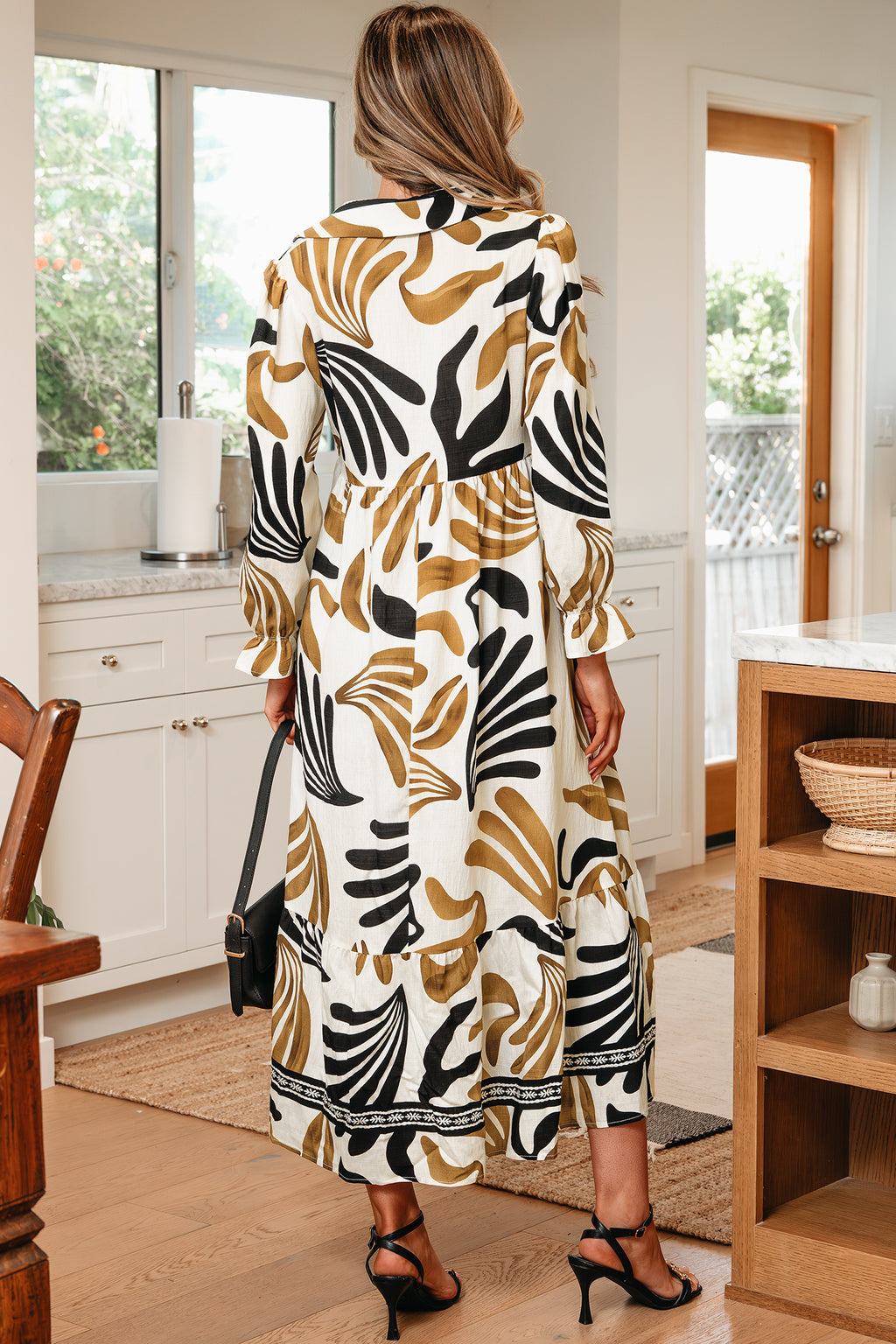 Brown Tropical Printed Contrast Trim Neck Long Sleeve Ruffle Hem Dress