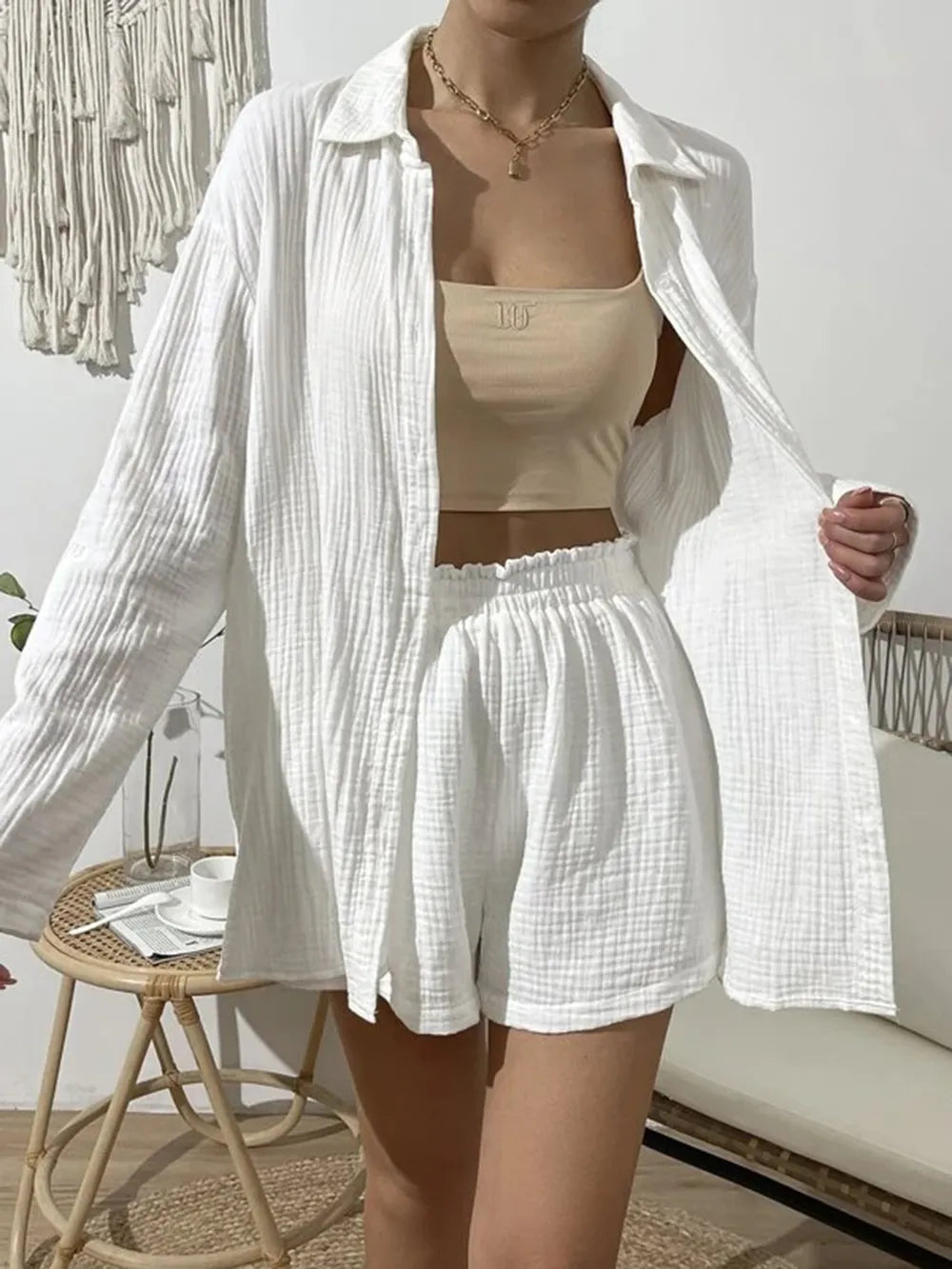 Dropped Shoulder Button Up Top and Elastic Waist Shorts Set - CHIC TB