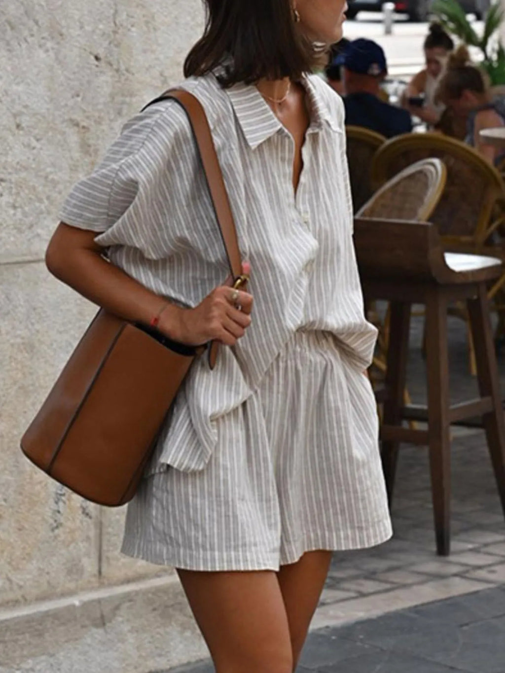 Casual Striped Short Sleeve Top and Shorts Two-Piece Set.