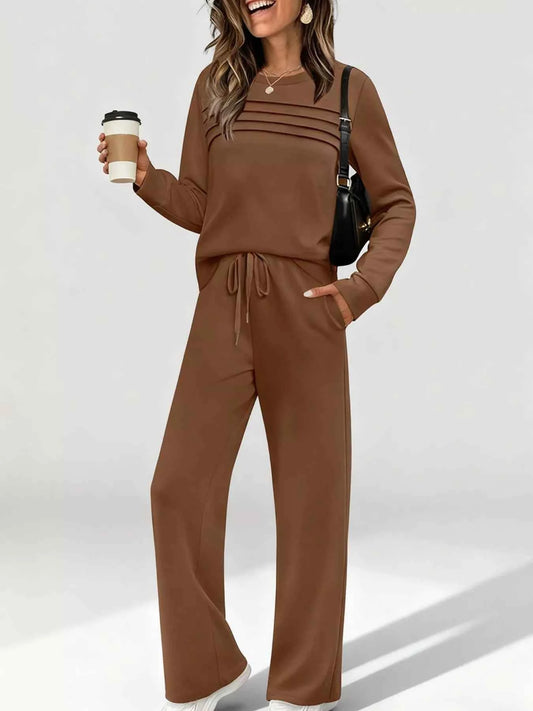 Full Size Casual Long Sleeve Top and Pants Set Plus Size