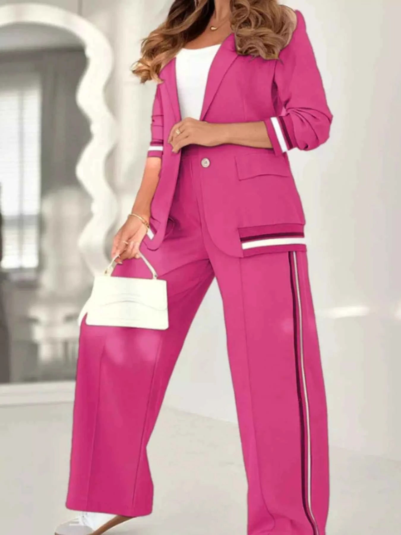 Full Size Striped Trim Button Down Jacket and Pants Set Plus Size