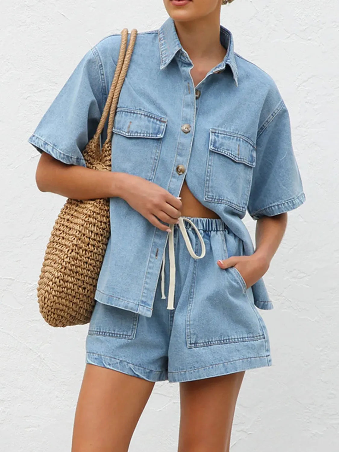 Button Up Short Sleeve Top and Shorts Denim Set.