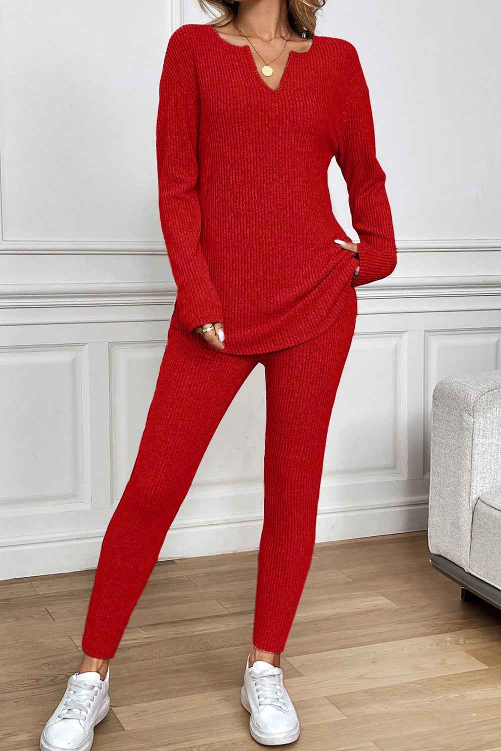 Racing Red Ribbed Notched Neck Knit Long Sleeve Leggings Two Pieces Lounge Set