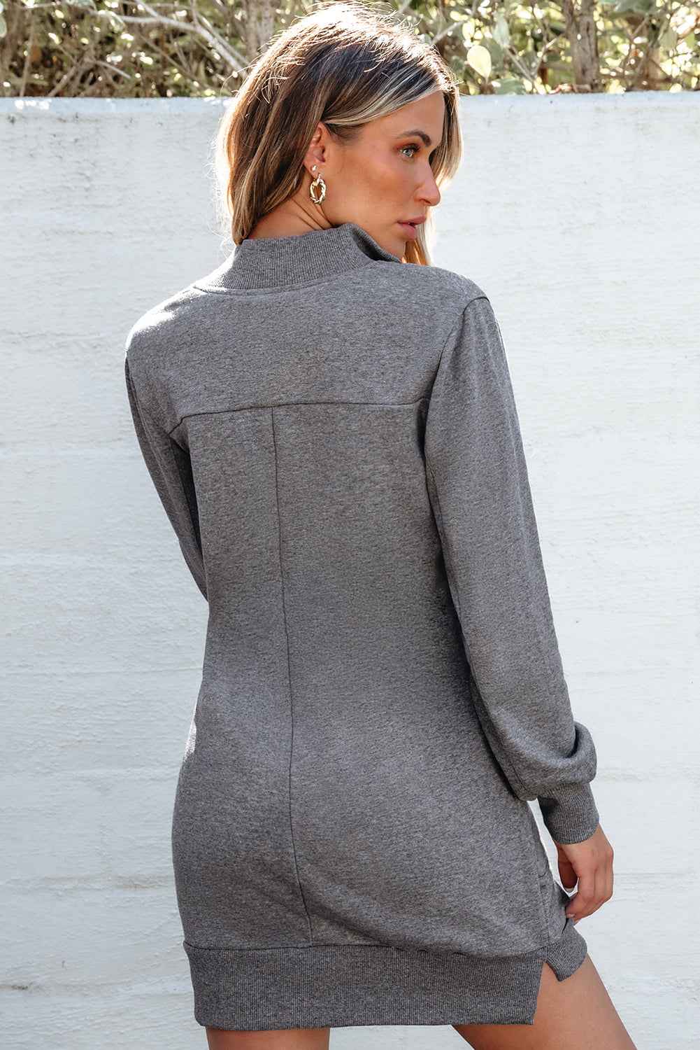 Dark Grey Zip up Collared Ribbed Patchwork Sweatshirt Dress with Pockets