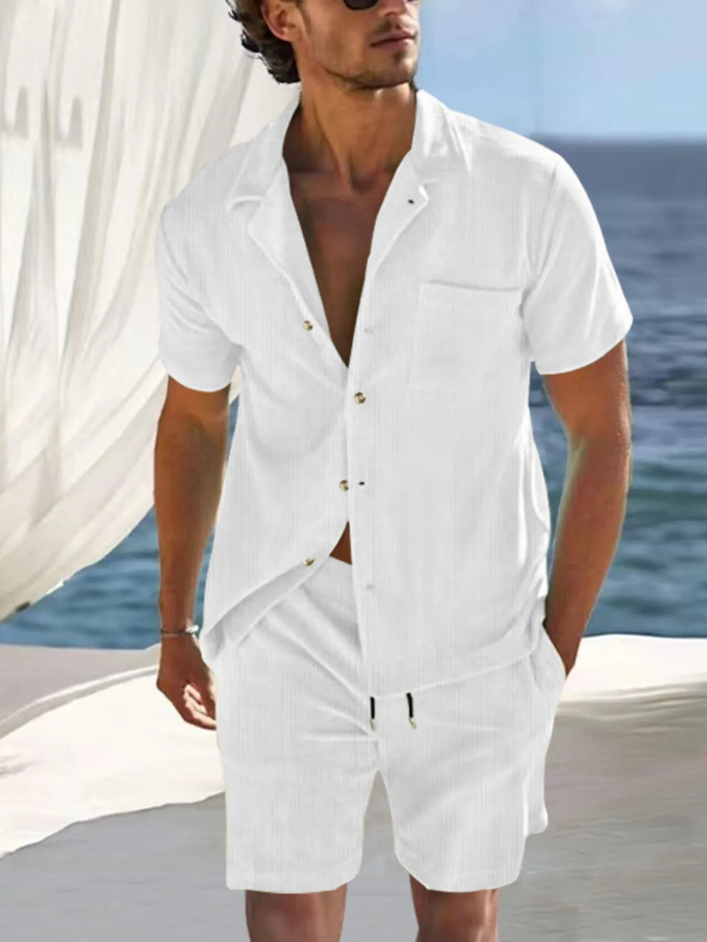 Men's Button Detail Short Sleeve Top and Shorts Set Plus Size.