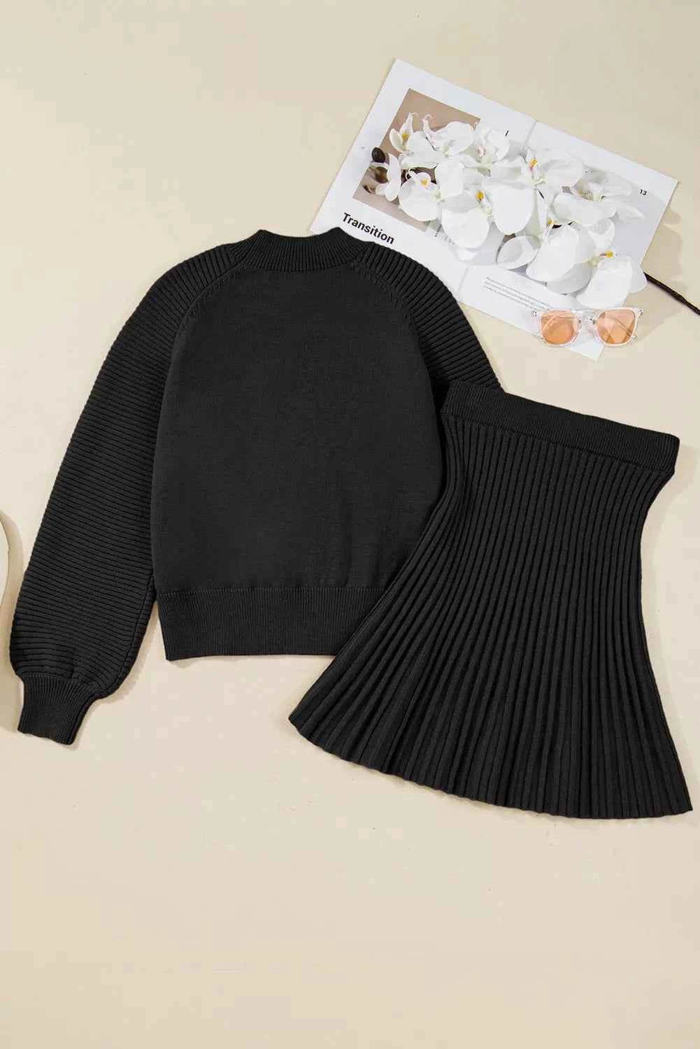 Round Neck Top and Skirt Sweater Set