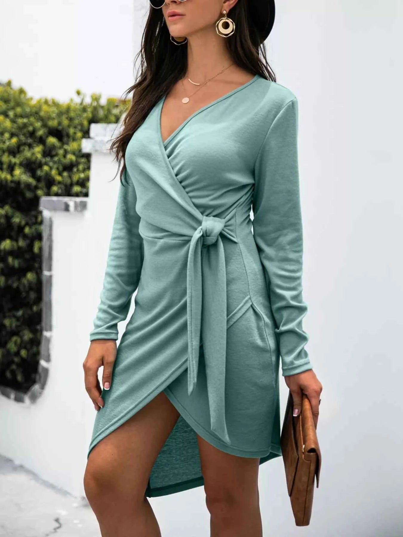 Surplice Long Sleeve Side Tie Dress.