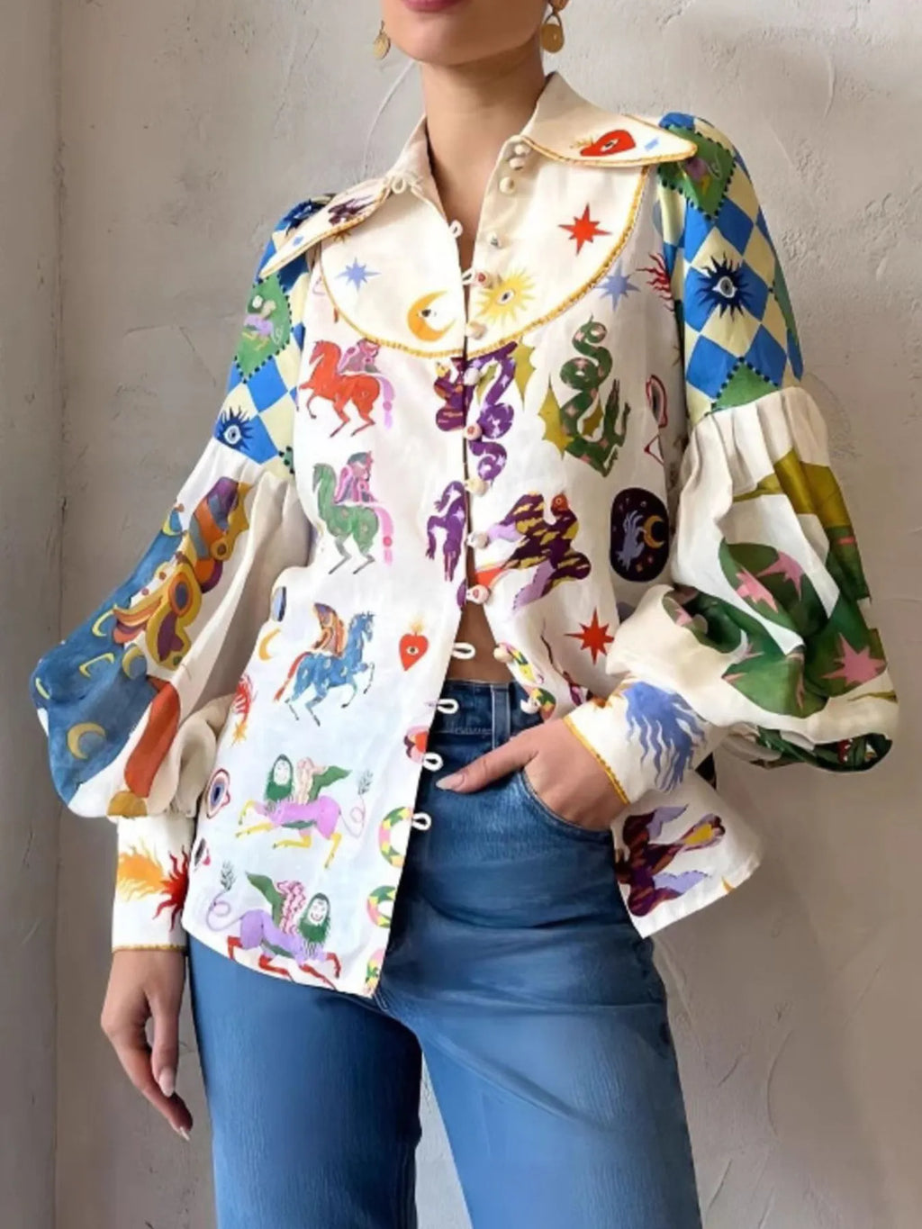 Colorful printed Lantern Sleeve Women Shirt.