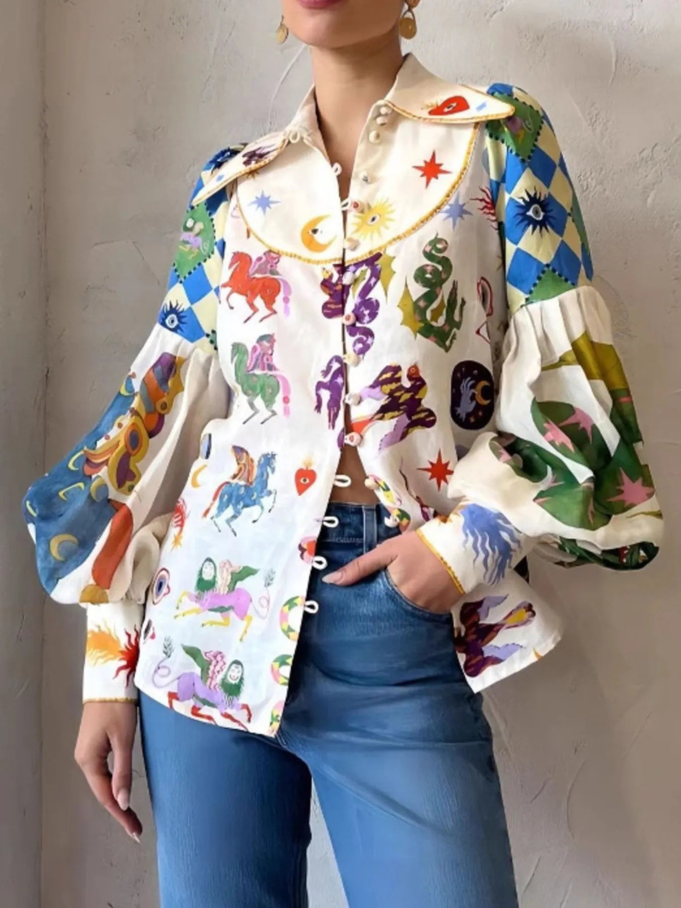 Colorful printed Lantern Sleeve Women Shirt.