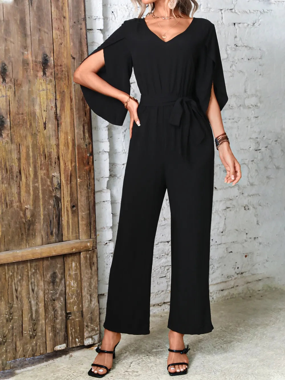 Tied V-Neck Half Sleeve Wide Leg Jumpsuit - CHIC TB