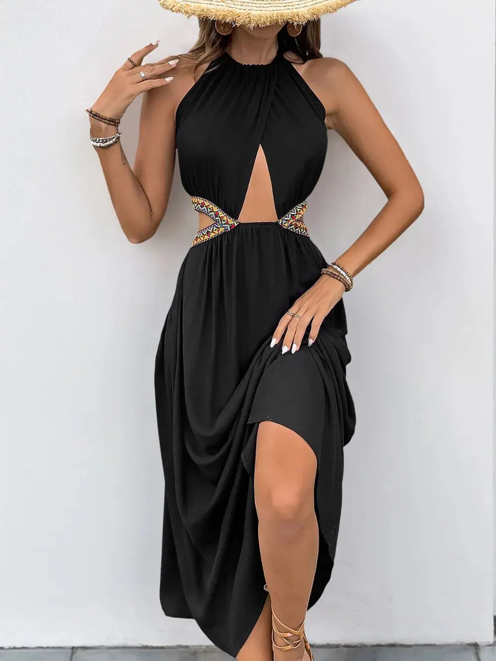 Perfee Cutout Grecian Neck Tied Back Dress.