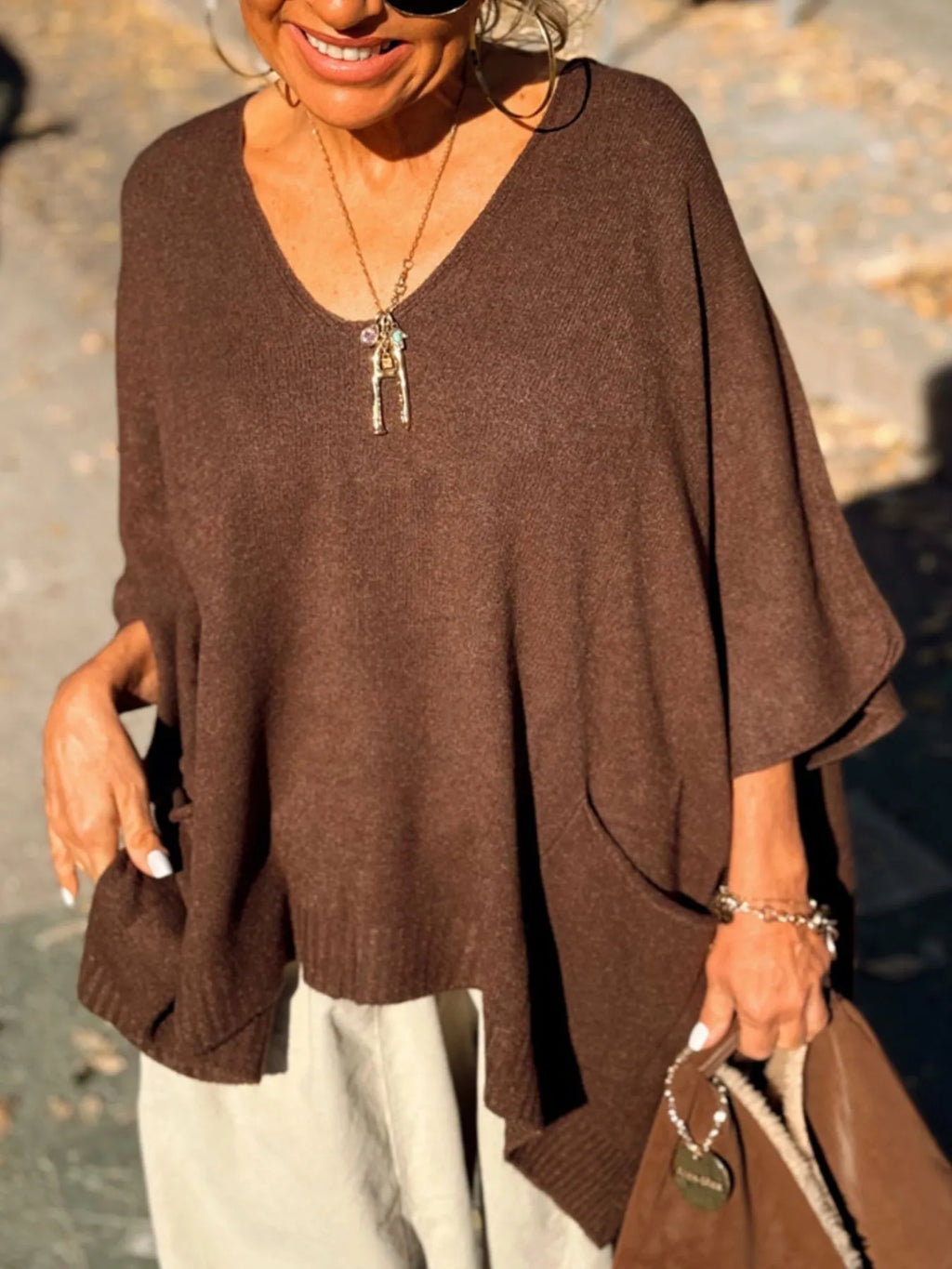 Ribbed Hem V-Neck Sweater.