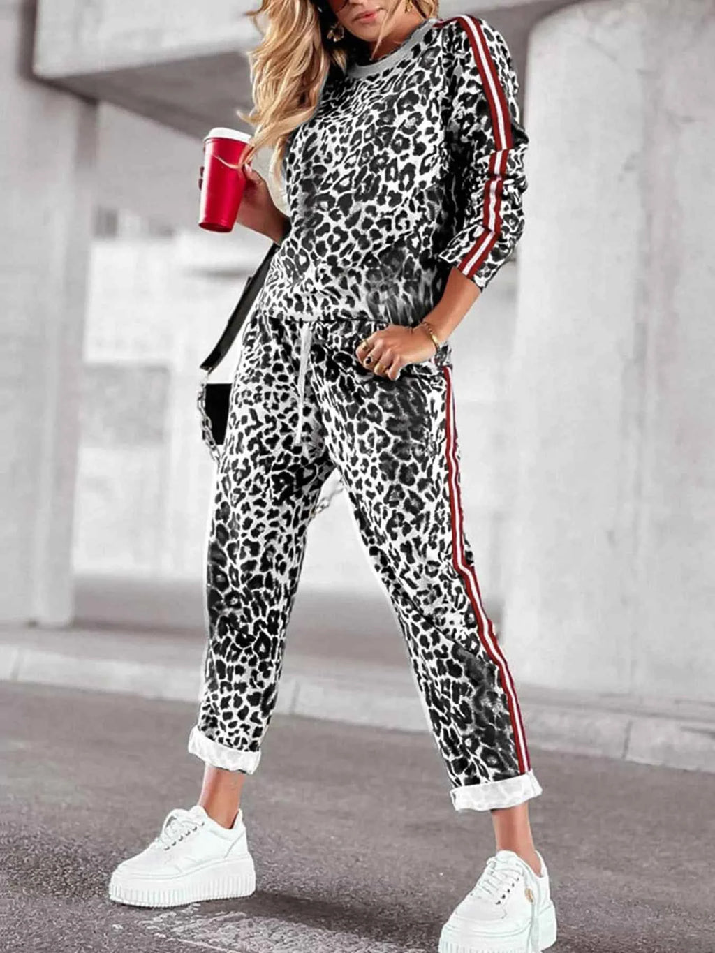 Plus Size Leopard Print Long Sleeve Top and Pants Set
