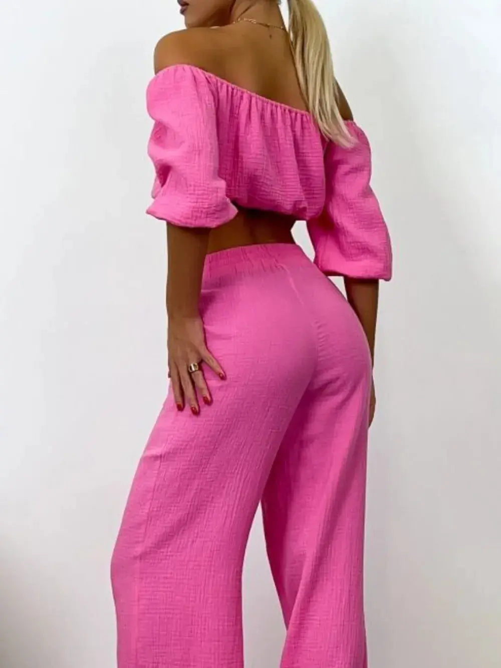 Off Shoulder Long Sleeve Top and Pants Set.
