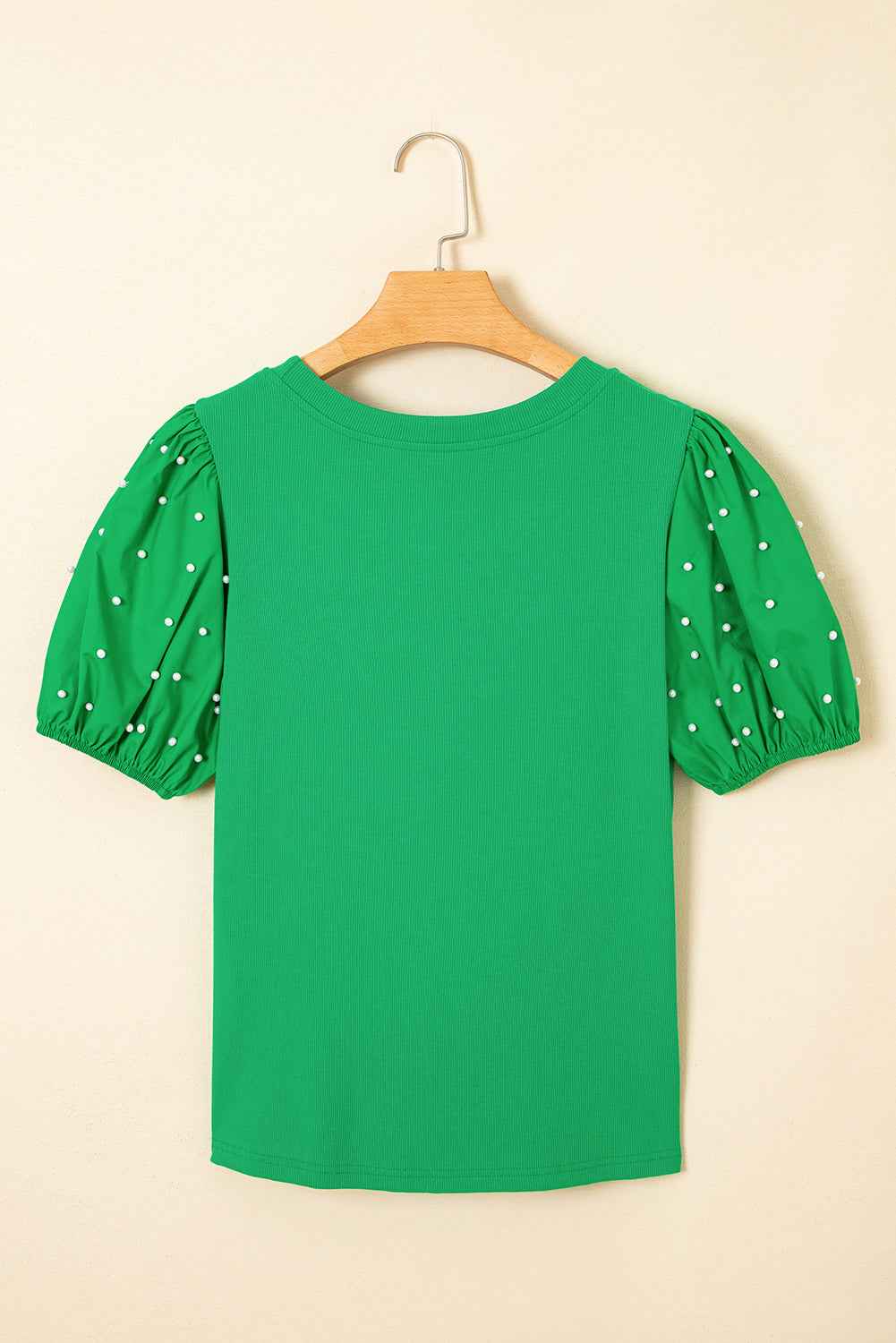 Bright Green Ribbed Pearl Beaded Puff Sleeve Top