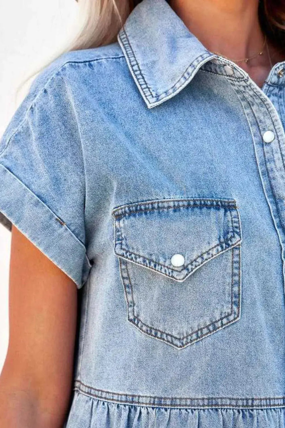 Front Button Down Denim Mini Dress.