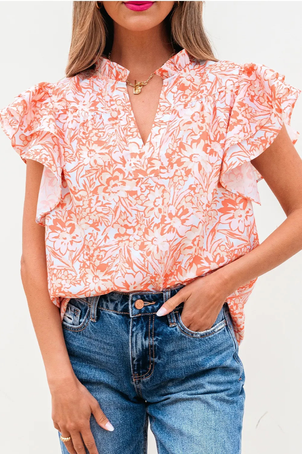 Floral Ruffle Sleeve Split Neck Blouse.