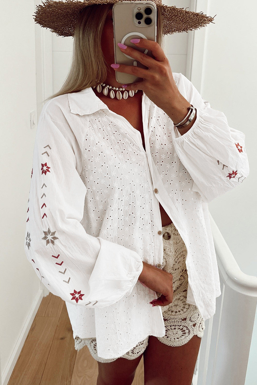 White Floral Embroidered Puff Sleeve Eyelet Patchwork Shirt Dear-Lover Dropshipping