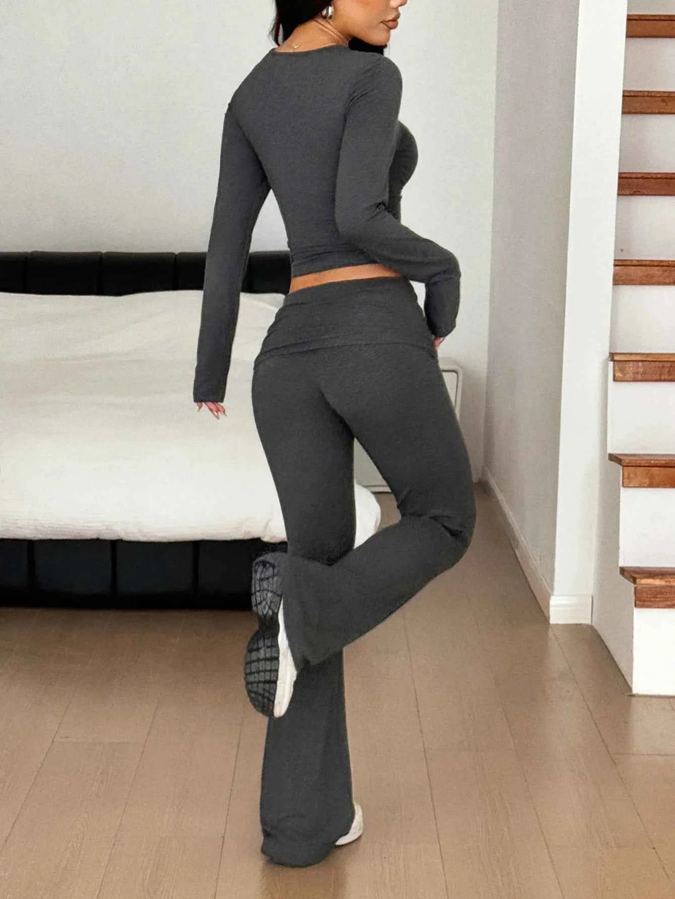 Long Sleeve Crop Top and Bootcut Pants Set