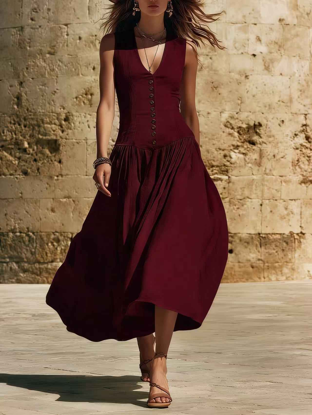V-Neck Buttoned Chic Elegant Sleeveless Cotton-Linen Dress