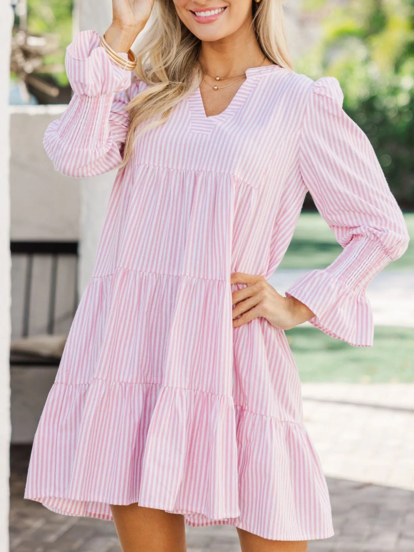 Striped Tiered Flounce Sleeve Shirt Dress.