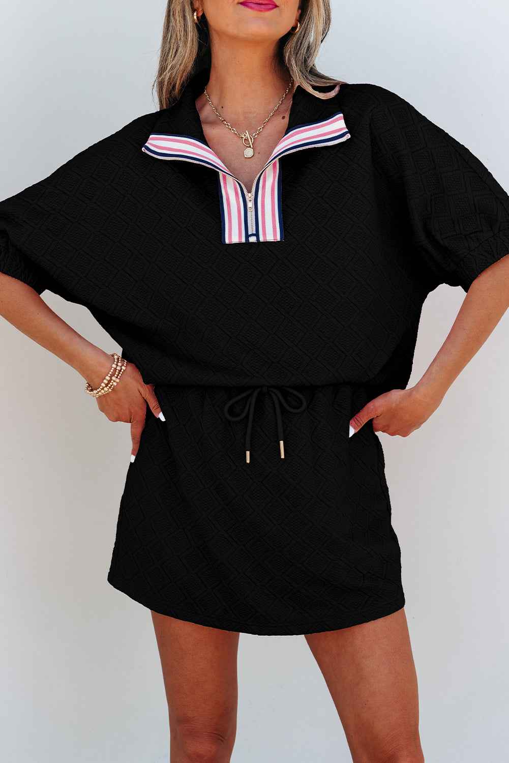 Color black Striped Collared Zip up Textured Skirt Set